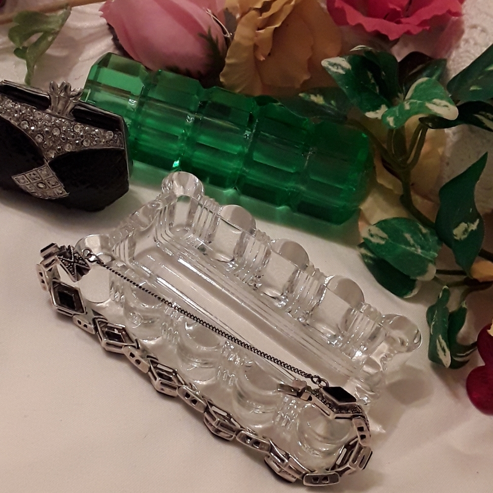 VTG. 925 STERLING MARCASITE & ONYX LINK BRACELET - Picture 8 of 8